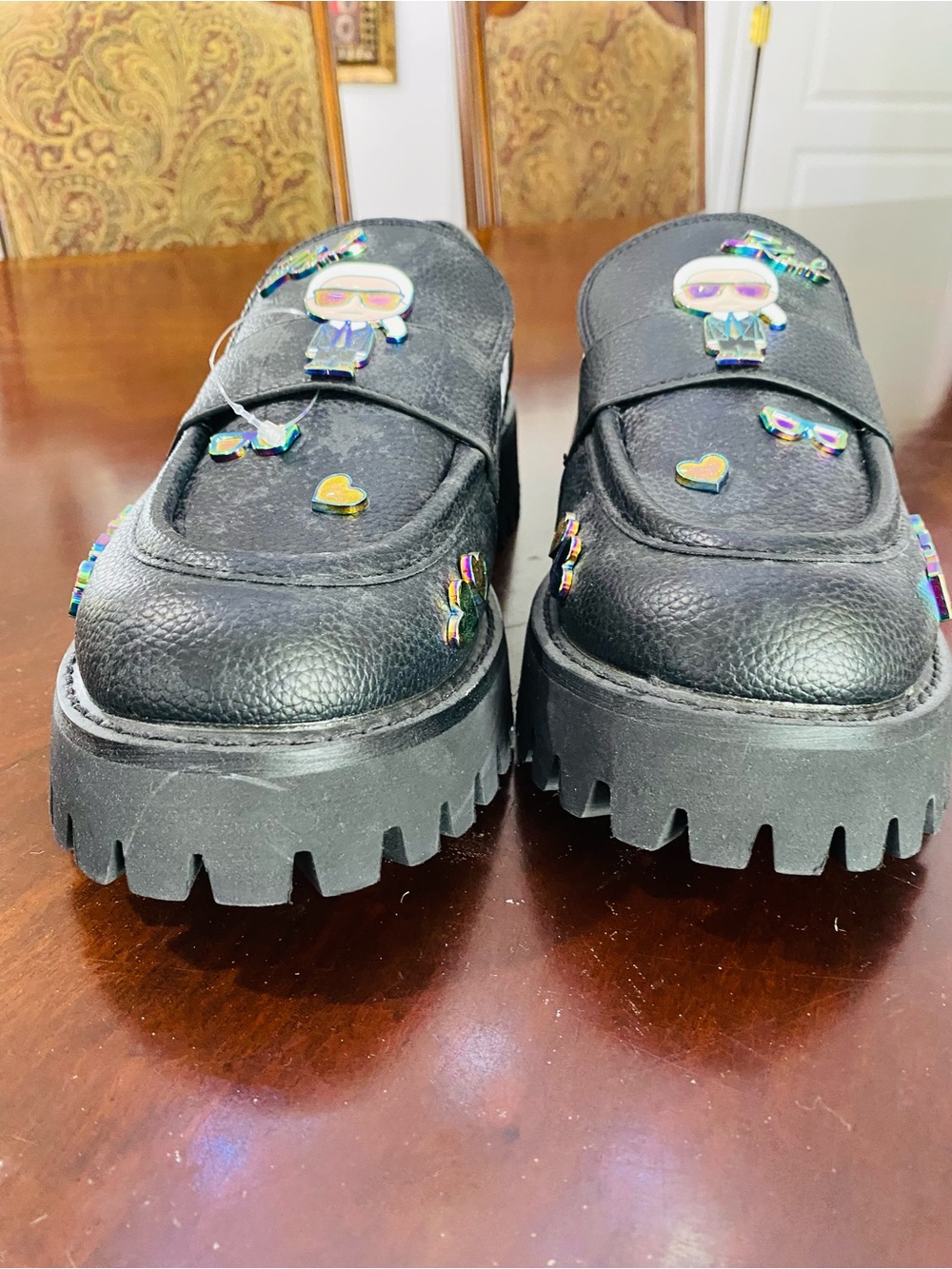 Karl Lagerfeld Black Loafers with Iridescent Multicolor Charms